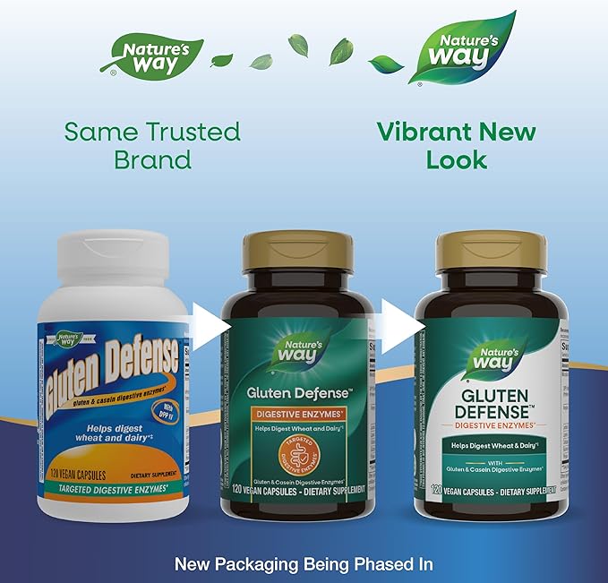 Nature's Way Gluten Defense Digestive Enzymes*, Helps Digest Wheat & Dairy(1), Gluten & Casein Digestive Enzymes*, 120 Vegan Capsules (Packaging May Vary)