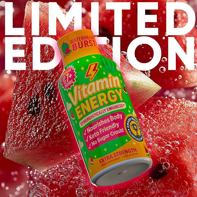 Vitamin Energy Immune+ Extra Strength Energy Shot Watermelon Burst 8 Pack, 260mg Natural Caffeine, B-Vitamins, Citicoline, Green Tea, Immunity & Focus Support, Zero Sugar, Gluten-Free 1.93 fl oz