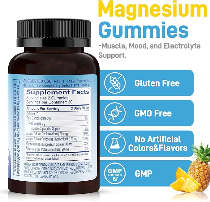 Biobor Potassium Magnesium Citrate Gummies, Magnesium Gummies Supplements with Vitamin D3, B6, Electrolyte Balance & Muscle, Stress Relaxation Support (60 Count (Pack of 1), Pineapple)