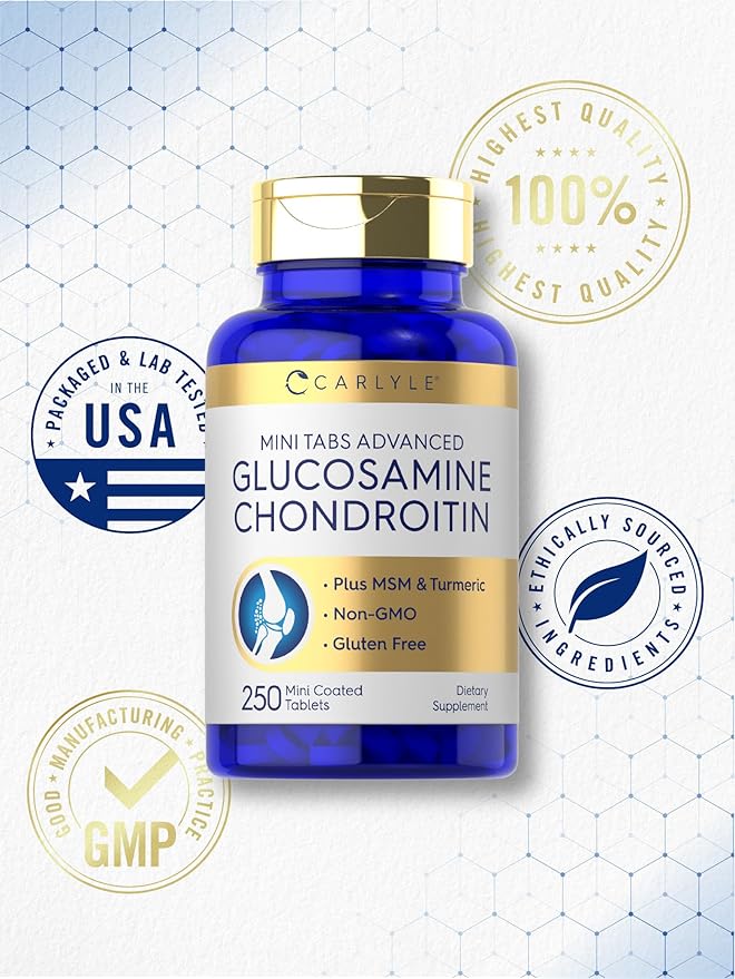 Carlyle Glucosamine Chondroitin MSM | 250 Mini Tablets | Advanced Formula with Turmeric | Non-GMO, Gluten Free