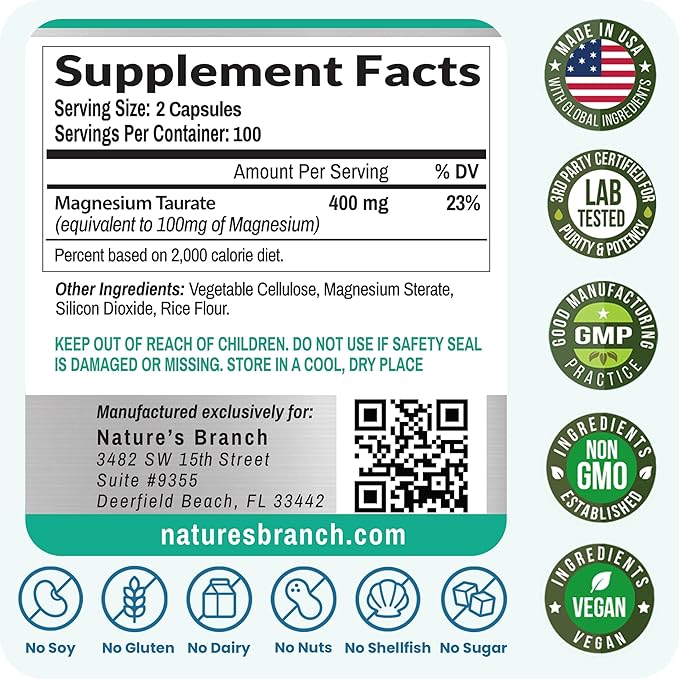 Magnesium Taurate 400mg | High Absorption | 200 Capsules for Sleep, Heart Health, Calm, Joint Supplement for Women and Men | Pure Elemental Mag Powder Plus Taurine - Extra Strength Pills