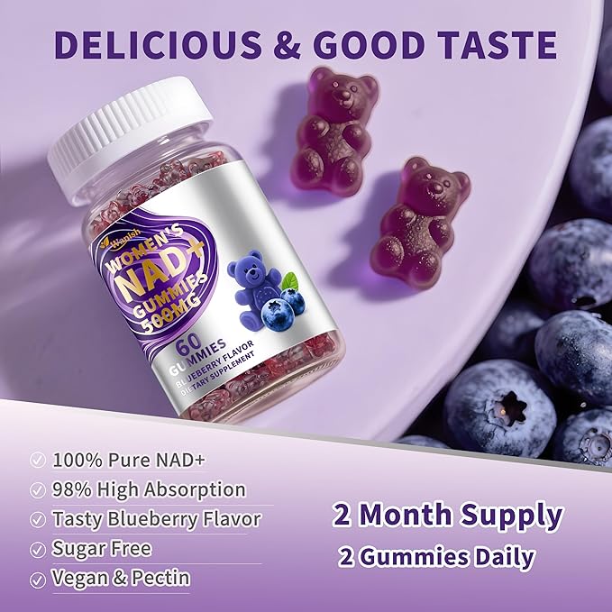 （3 Pack） NAD Gummies Supplements for Women, Pure 500mg NAD - Cell Regeneration, Energy & Metabolism Support, Vegan,Sugar Free, Additives Free, Blueberry Flavor
