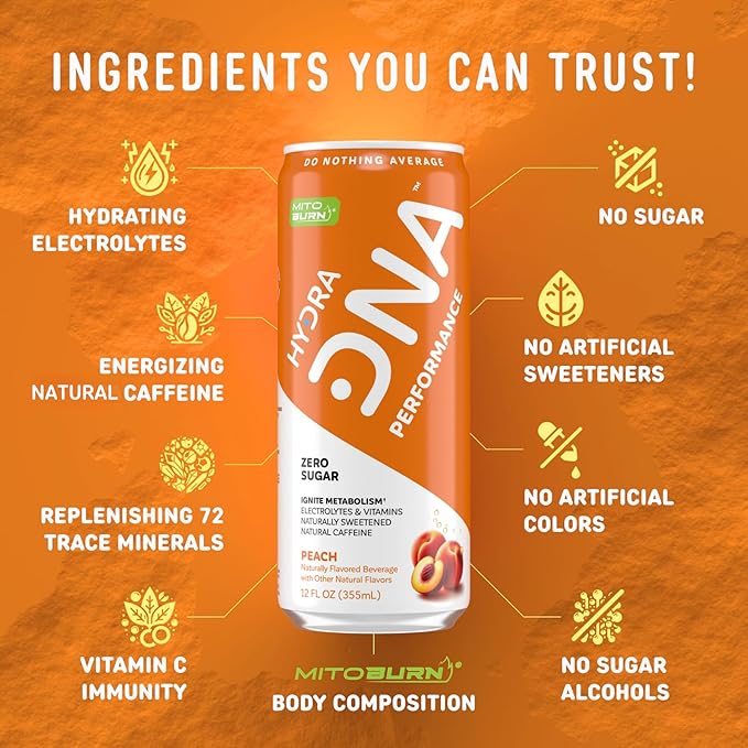 HYDRADNA- Clean Performance Drink, Zero Sugar | For Natural Fuel, Alertness, Boost, Stamina,120 mg Organic Caffeine, Natural Flavors, Zero Sucralose, Clean Ingredients (12 Pack) (12 Pack, Peach)