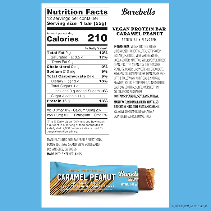 Barebells Vegan Protein Bars Peanut Caramel, Plant Based with High Protein - Chocolate Protein Bars - Perfect on The Go Protein Snack & Breakfast Bars 12 Count (Pack of 1)