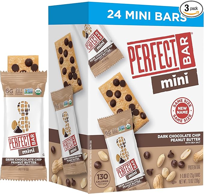 Perfect Bar Mini, Dark Chocolate Chip Peanut Butter Protein Bar, Protein Snack, Snack Bar, Organic, Gluten Free, Soy Free, Non GMO, No Sugar Alcohols, .88 Ounce Bar, 24 Count