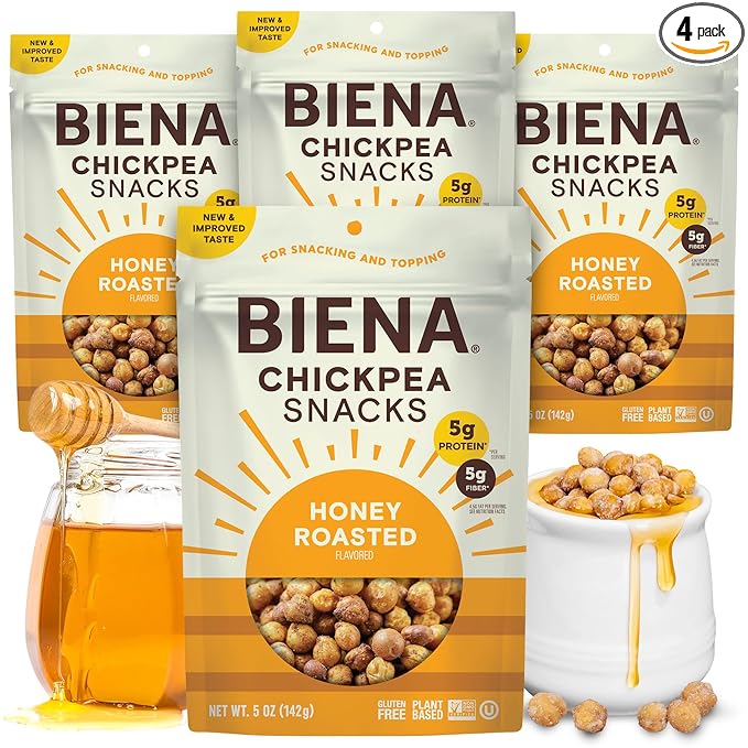 BIENA Chickpea Snacks - Crunchy Roasted Chickpeas - High Fiber Protein Snacks for Adults and Kids - 4-Pack, 5 Ounce Bags - Honey Roasted
