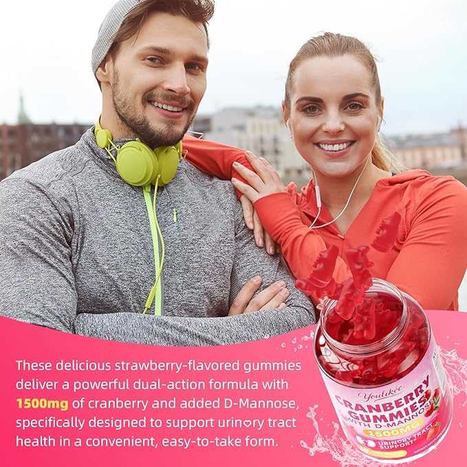Vegan Cranberry Gummies with D Mannose - Supports Urinary Tract Health for Women & Men, Sugar-Free, Non-GMO and Gluten Free, Strawberry Flavor, 60 Count