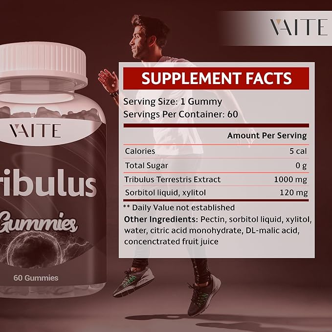 VAITE Tribulus Terrestris Gummies 1000 mg – 60 Chewable Gummies – Vegan, Sugar-Free, Gluten-Free, Non-GMO – Plant-Based Daily Formula – No Water Needed – Easy-to-Take Supplement Format