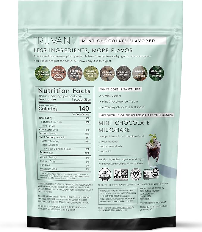 Truvani Vegan Pea Protein Powder | Mint Chocolate | 20g Organic Plant Based Protein Per Serving | 10 Servings | Keto | Gluten & Dairy Free | Low Carb | No Added Sugar