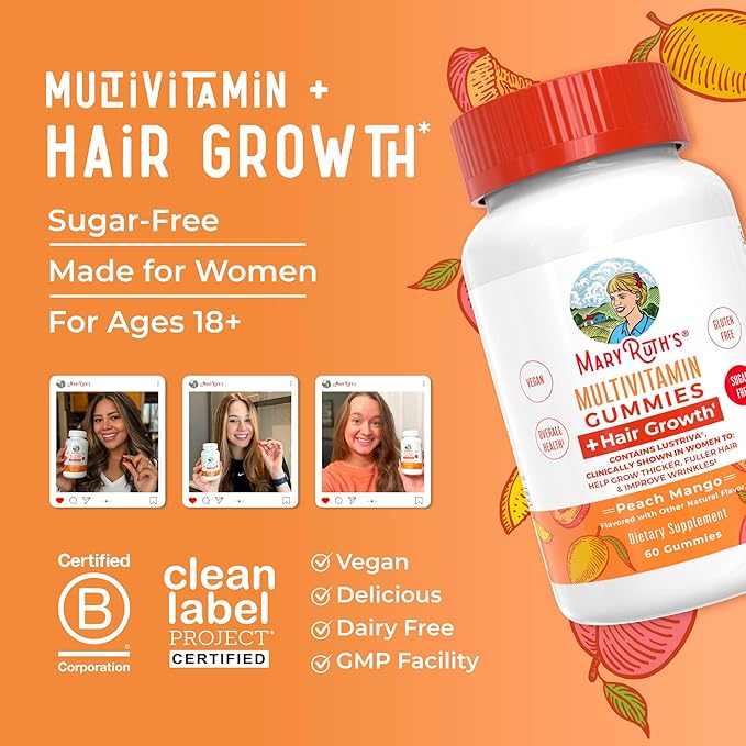 MaryRuth's Multivitamin + Hair Growth Gummies | with Lustriva® | Biotin 10000mcg | B Vitamins | Formulated for Thicker Hair, Wrinkles, Fine Lines, Skin Care | Ages 18+ | 30 Servings (Pack of 2)