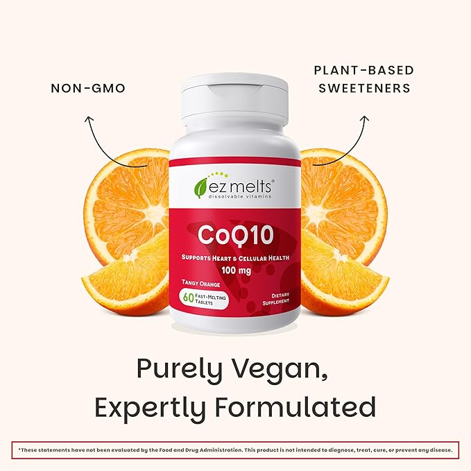 EZ Melts Coq10 - Antioxidant Supplement for Heart, Immune & Energy Support - No Artificial Flavors - Non-GMO & Vegan - Tangy Orange - 60 Dissolvable Tablets (60 Servings)