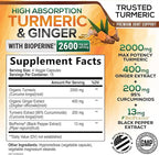 Turmeric Curcumin Supplement - 2000mg Organic Turmeric Per Serving - 95% Curcuminoids, Ginger & BioPerine Black Pepper for Best Absorption - Natural Vegan Joint Support, Bottled in USA - 60 Capsules