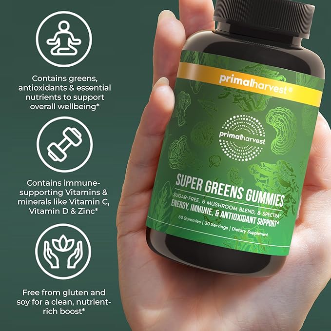 Primal Harvest Super Greens Gummies, Superfood Blend with Adaptogenic Mushrooms Vitamins & Nutrient-Rich Minerals & Antioxidants for Energy & Immune Support (1 Pack (60 Count), Berry)