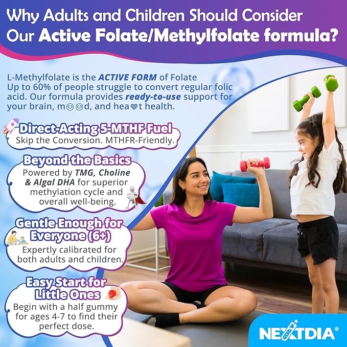 L-Methylfolate 1000 mcg + Methyl B12 Gummies for Kids & Adults - Active 5-MTHF, w/Omega-3 DHA & EPA(3:1), Choline & TMG, B6, Supports MTHFR Gene, Brain, Energy & Methylation, Sugar free, 60 Cts