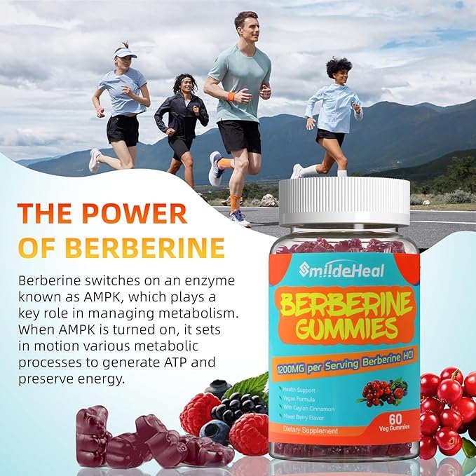 Berberine Gummies 1200mg with Ceylon Cinnamon 200mg, Milk Thistle Extract & Turmeric, Vegan Berry Flavor, Non-GMO, Gelatin-Free, Gluten-Free, 60 Count