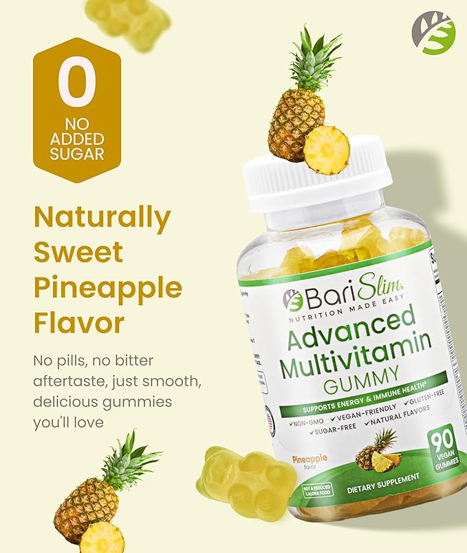 BariSlim Advanced Bariatric Multivitamin Gummies - Specially Formulated Bariatric Vitamins for Patients After Weight Loss Surgery - Supports Energy & Immune Health | Pineapple (90 Vegan Gummies)