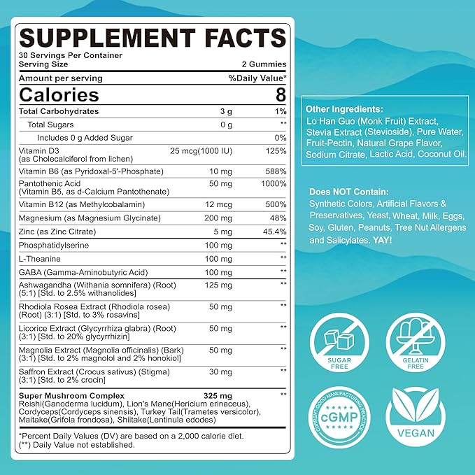 Cortisol Gummies for Women & Men, Sugar Free Cortisol Reducer Supplements w/ Magnesium, Ashwagandha, Mushroom, L-theanine, Rhodiola, Vitamin B6 B12 for Cortisol Detox, Relax, Sleep Support 2 Pack