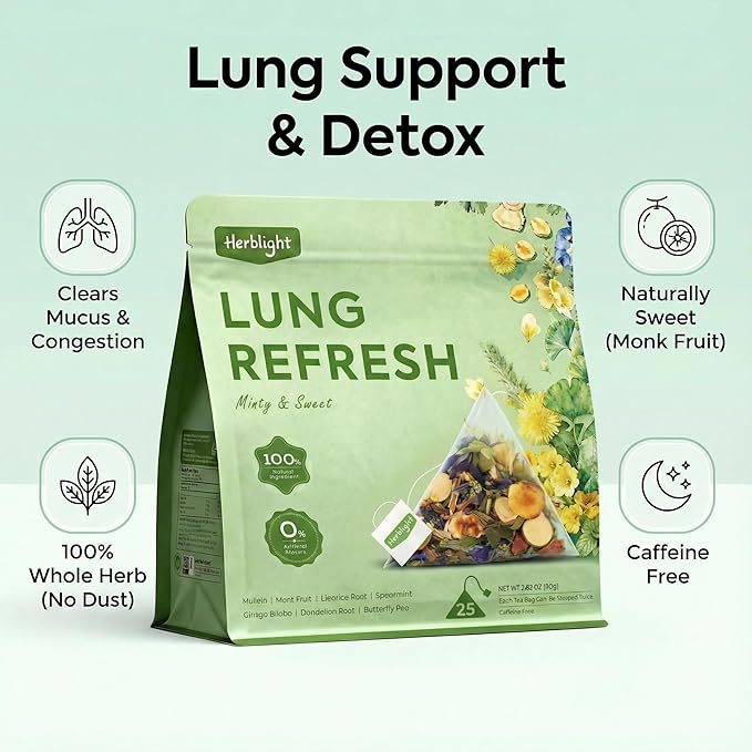 Herblight Mullein Leaf Tea with Monk Fruit, Spearmint & Butterfly Pea - Herbal Respiratory Support & Breath Refresh - Naturally Sweet Mullein Tea for Lungs - Caffeine-Free Whole Leaf Blend (25 Count)