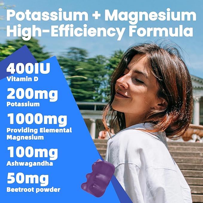 Potassium Magnesium Gummies - High Absorption Magnesium Glycinate & Potassium Citrate Plus Omega 3, B6, D3, K2 & Calcium - Chewable Gummy for Leg Cramps, Immunity & Energy Blueberry 120 Gummies