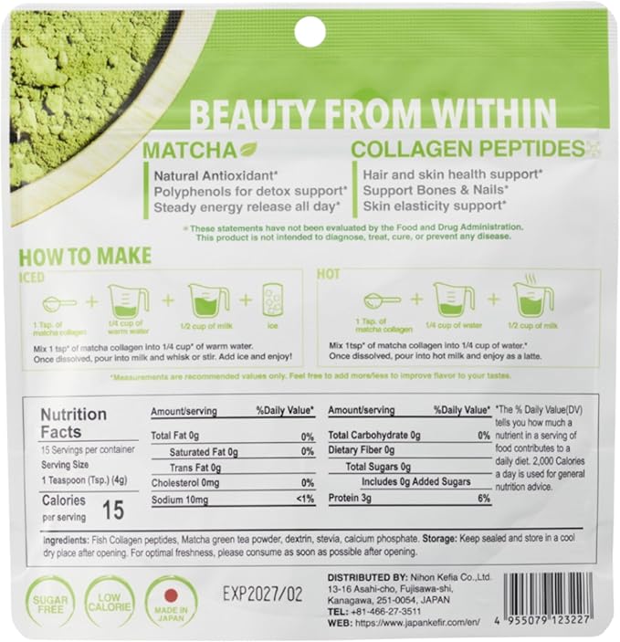 Premium Matcha Collagen Latte | Made in Japan with Special Hydrolyzed Marine Collagen and Authentic Japanese Matcha | No Artificial Sweeteners
