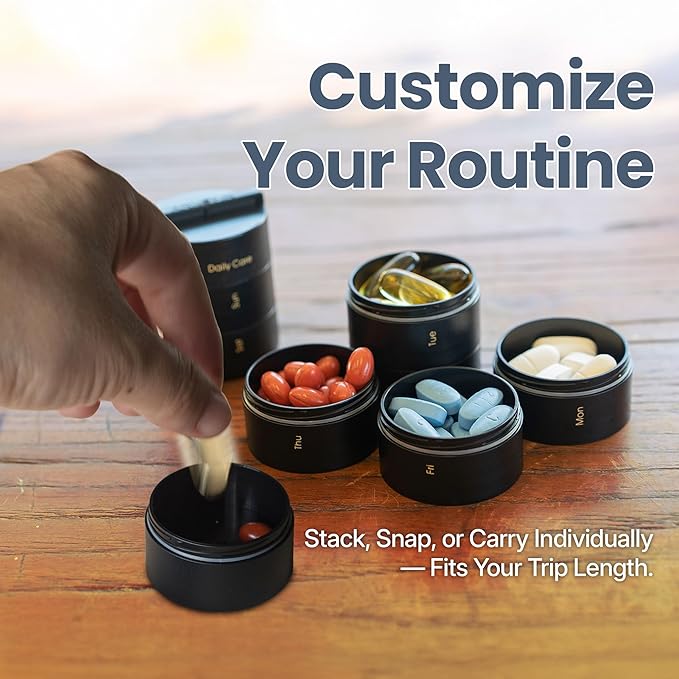 Ankomn 7 Day Travel Pill Organizer - IPX7 Rating Waterproof, Airtight & Portable Pill Case for Vitamins - Durable Weekly Supplement Case with Stackable Compartments for Outdoor Use - Black