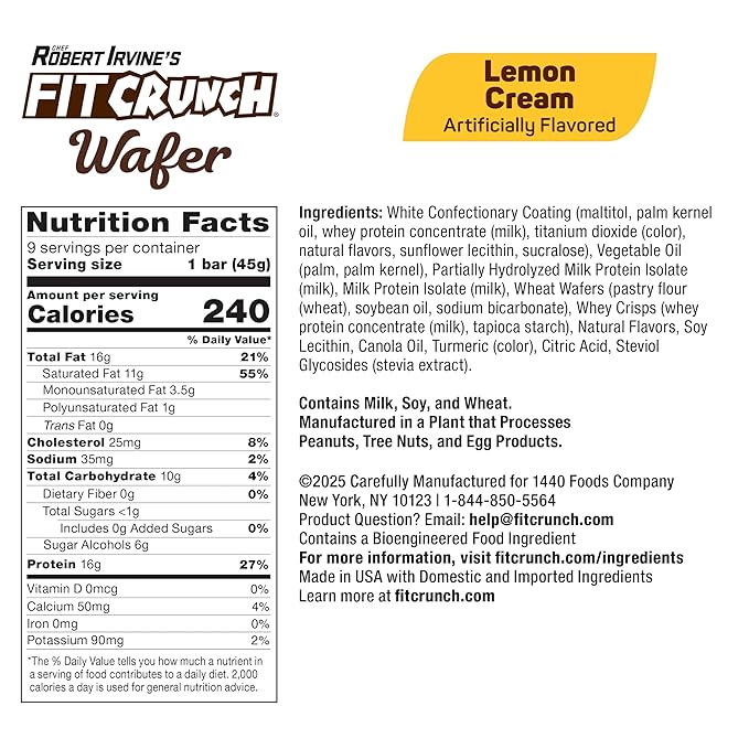 FITCRUNCH Wafer Protein Bars, Designed by Robert Irvine, 16g of Protein & 1g of Sugar (9 Bars, Lemon Cream)