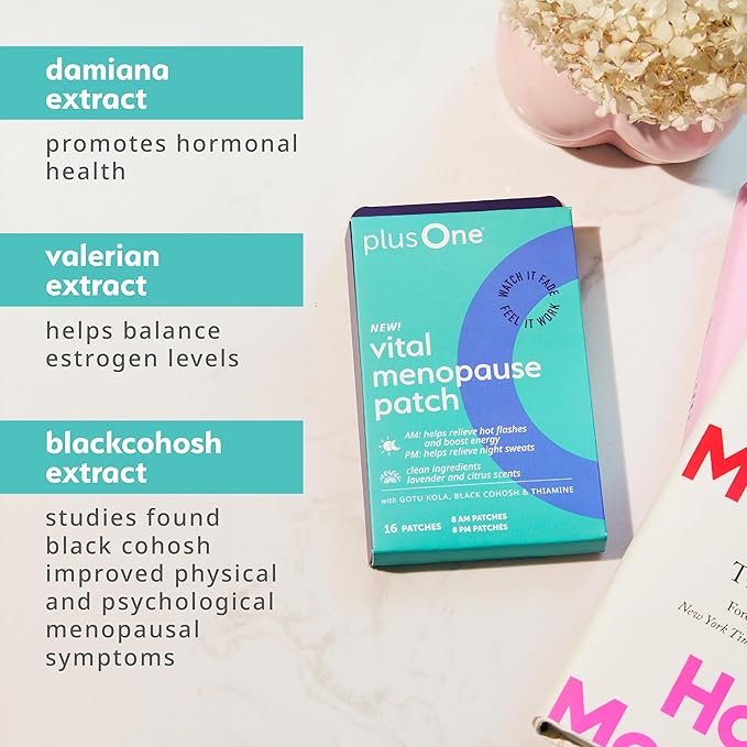 plusOne Vital Menopause Patches AM & PM – Hot Flash & Night Sweat Support – Promotes Energy & Sleep – Herbal Arjuna Daily Patches – 16ct
