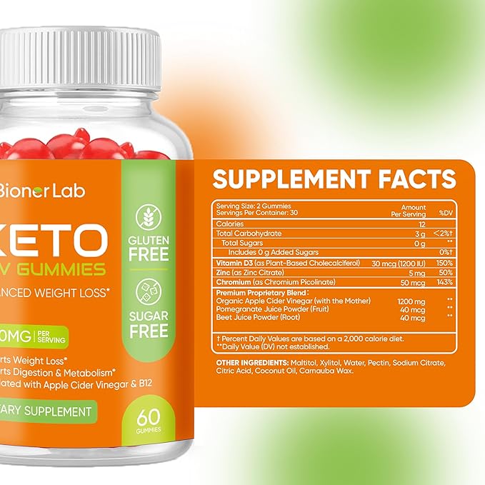 BionerLab Keto ACV Gummies for Advanced Weight Loss Rapid Belly Fat Burn - Sugar Gluten Free Pro Active Super Apple Cider Vinegar Diet Supplement for Men Women - Digestion Metabolism Hair Skin Health