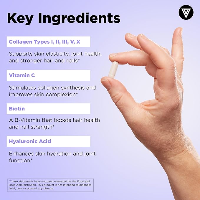 Vital Vitamins Multi Collagen Capsules with Biotin, Hyaluronic Acid, Vitamin C - Type I, II, III, V, X Peptides - Collagen Supplements for Men & Women - Hair, Skin, Nails Beauty Complex - 150 Count