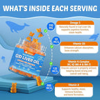 Cod Liver Oil Gummies 1000mg for Kids & Adults - w/Omega 3 (EPA & DHA), Vitamins A, D3 & K2 - Cod Liver Oil Omega 3 Gummies for Immune, Brain & Cognitive Support, Sugar-Free, Orange Flavor, 60Cts