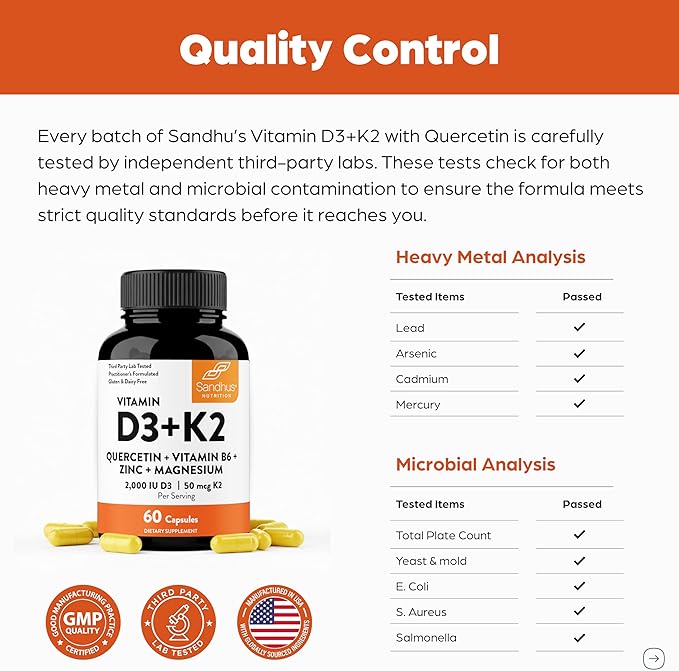 Sandhu's Vitamin D3 K2 Magnesium 2000 IU, 50mcg K2 Capsules 60 Count (Pack of 1) | with VIT B6, Zinc & Quercetin | D3K2 Supports Superior Absorption, Energy, Immune, Muscle Health for Men & Women