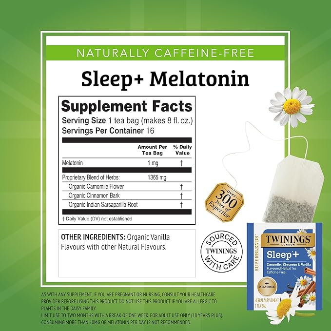 Twinings Superblends Sleep+ Herbal Tea with 1mg Melatonin Camomile, Cinnamon & Vanilla, Naturally Caffeine-Free, Enjoy Hot or Iced,16 Tea Bags (Pack of 2)