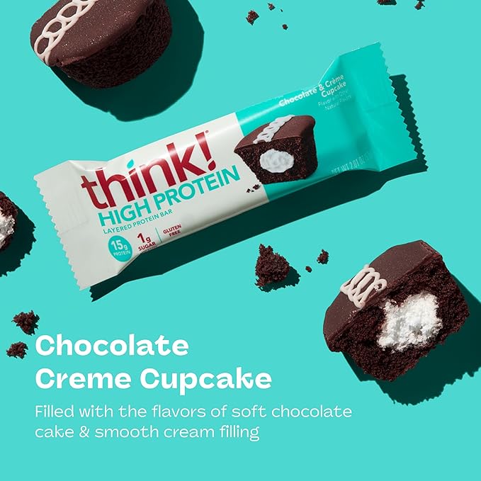 think! Protein Bars, High Protein Snacks, Gluten Free, Kosher Friendly, Sweet Treat, Chocolate & Creme Cupcake, 10 Count (Packaging May Vary)