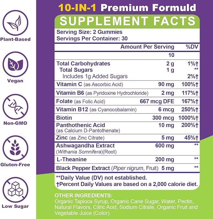 Ashwagandha Gummies - 10 IN 1 Organic Ashwaganda Gummies for Women & Men, with L Theanine, Vitamin B6, Black Pepper for Relaxation*, Cognitive, Immune, Zzz, Cortisol, Vegan, Berry Flavor - 60 Count