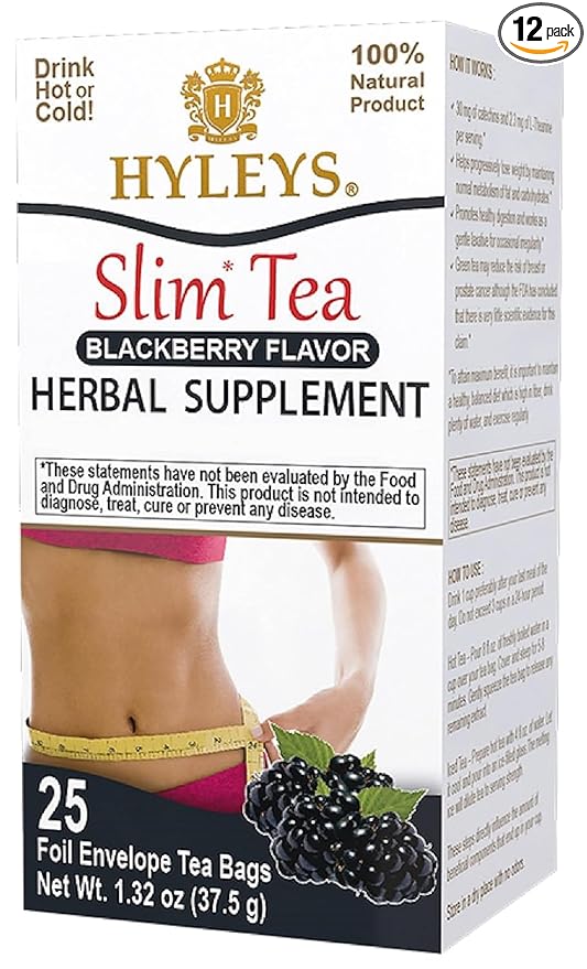 Hyleys Slim Tea Blackberry Flavor - Weight Loss Herbal Supplement Cleanse and Detox - 25 Tea Bags (12 Pack)