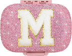 Cute Pill Organizer Small Bling Pill Case for Purse Medicine Vitamin Container Holder Daily Pill Box Container for Women Travel Medicine Kit(Letter M Pink)