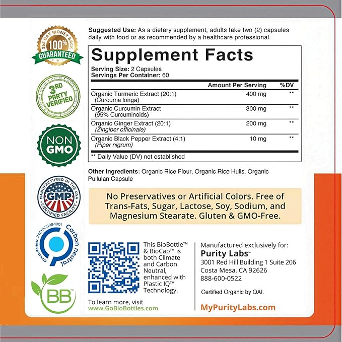 USDA Organic Turmeric Curcumin Capsules 8000mg Equivalent with Black Pepper & Organic Ginger for Absorption, High Potency Turmeric Supplement for Joint Support & Inflammation, 120 Vegetarian Capsules