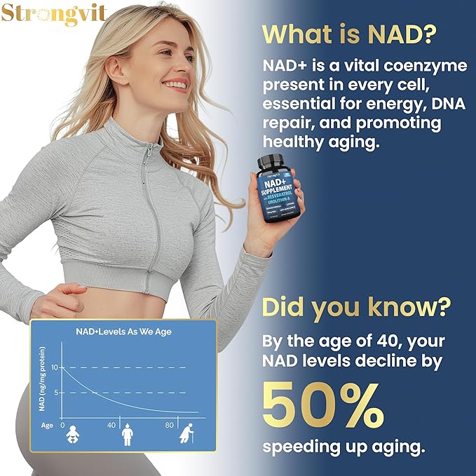 StrongVit NAD Resveratrol Supplement for Women & Men. Support Cellular Health, Energy + Healthy Aging. High Potency Blend, Plus Third-Party Lab Tested in USA (60 Capsules)