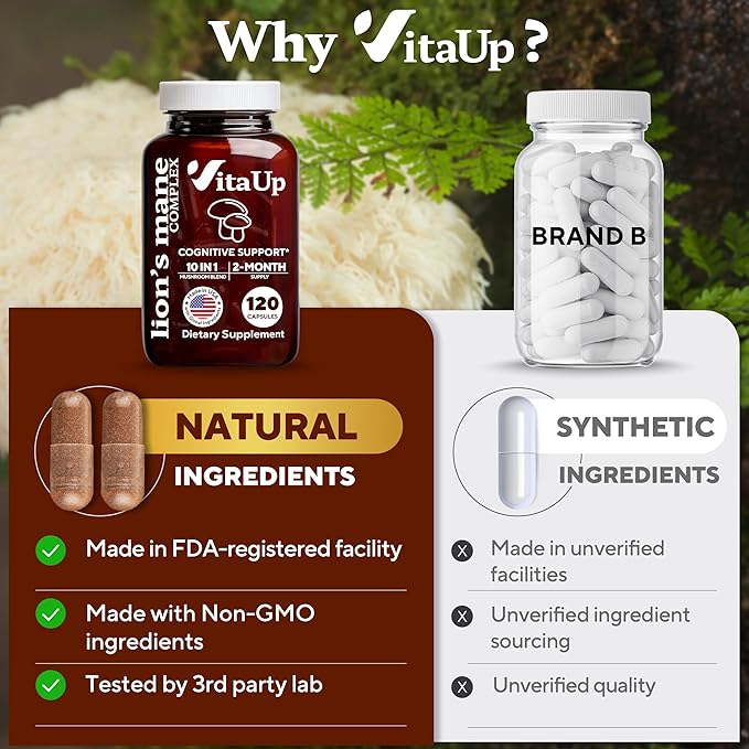 VitaUp Mushroom Supplement - USA Made 10 in 1 Mushroom Complex - Mushroom Capsules with Lions Mane, Cordyceps, Turkey Tail, Reishi, Shiitake for Cognitive & Immune Support - 120 Count