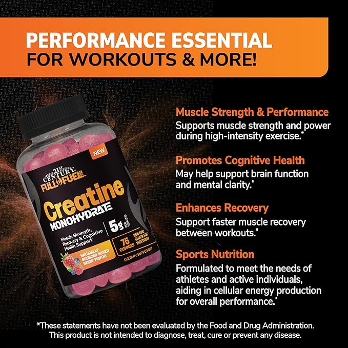 21st Century Full Fuel 365 Creatine Monohydrate Gummies, 5g Per Serve, Muscle Strength, Recovery & Cognitive Support, Mixed Berry Flavor, 75 Gummies