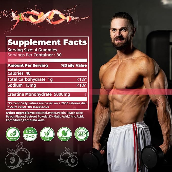 Creatine Monohydrate Gummies for Men & Women-5g of Creatine Monohydrate per Serving - Sugar Free,Vegan, Peach Flavor, 120 Count
