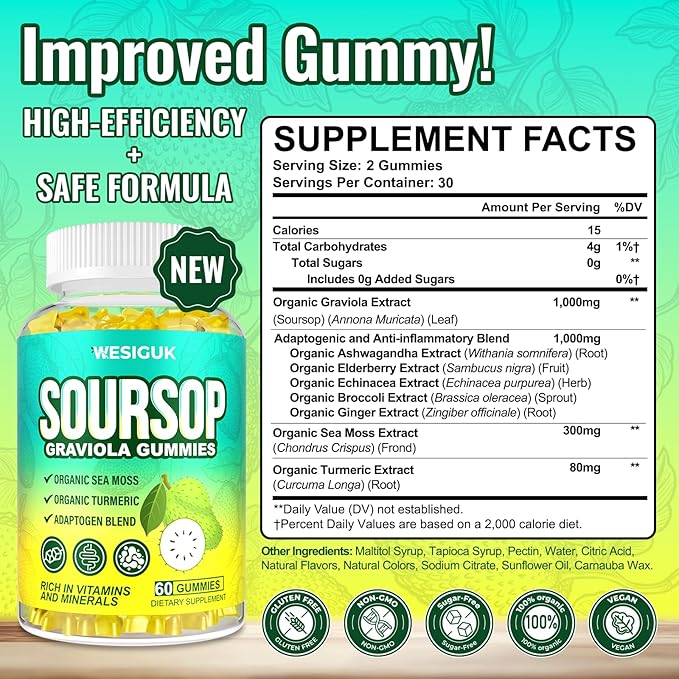 Soursop Graviola Gummies, Max Strength Soursop Leaves Extract with Sea Moss, Turmeric for Cell Support & Regeneration, Immunity, Liver and Antioxidant, Sugar/Gluten Free, Vegan - 60 Soursop Gummies