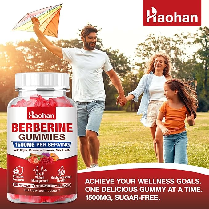 Haohan Berberine Gummies, 1500mg High Potency Berberine HCl, Ceylon Cinnamon, Milk Thistle, Immune System & Metabolism Support, Vegan, Strawberry Flavor, 120 Count