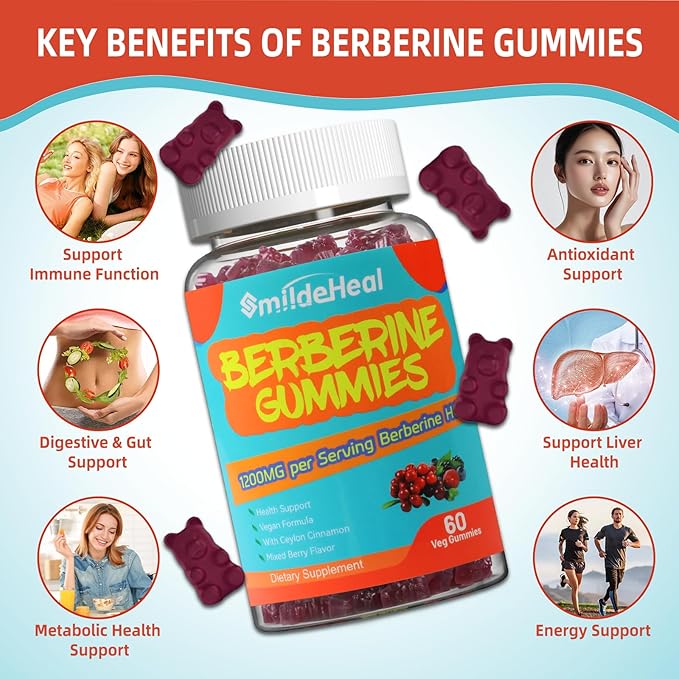 2 Pack Berberine Gummies 1200mg with Ceylon Cinnamon 200mg, Milk Thistle Extract & Turmeric, Vegan Berry Flavor, Non-GMO, Gelatin-Free, Gluten-Free, 120 Count