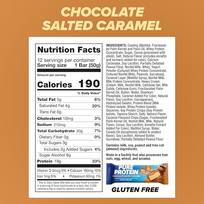 Pure Protein Chocolate Salted Caramel Protein Bars – 20g Protein, 3g Sugar, 190 Calories (12 count) Low Sugar* High Protein Snack - Gluten Free - Perfect for a Healthy Snack