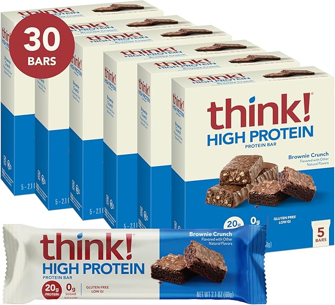 think! Protein Bars, High Protein Snacks, Gluten Free, Kosher Friendly, Brownie Crunch, Nutrition Bars, 2.1 Oz per Bar, 30 Count (Packaging May Vary)