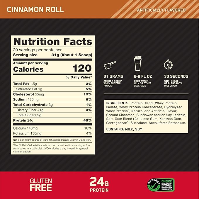 Optimum Nutrition New Flavor Gold Standard 100% Whey Protein Powder, Cinnamon Roll, 2 Pound (Pack of 1) (Packaging May Vary)