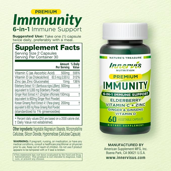 Immune Support 6-in-1 – Elderberry, Ginger, Korean Ginseng, Vitamin C 500mg, D3 2500IU, Zinc | Vegan Capsules – 1 Month Supply | Innervis Nutrition