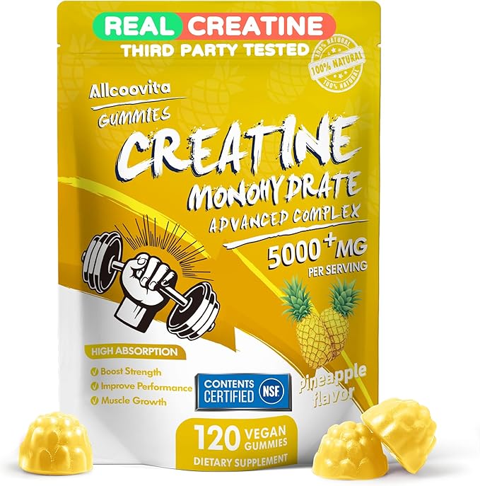 NSF Certified Creatine Gummy - Creatine Monohydrate Gummies 5000mg for Men & Women -120 Gummies Advanced Formula, Muscle Strength, Muscle Builder, Energy Boost, Pre-Workout Supplement-Pineapple