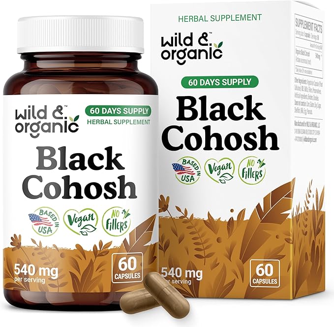 Wild & Organic Black Cohosh Capsules 540 mg - Menopause Supplements for Women - Black Cohosh Root Supplement - Actaea Racemosa Herb - 60 Days of Supply - Vegan, No Fillers, Non-GMO - 60 Count
